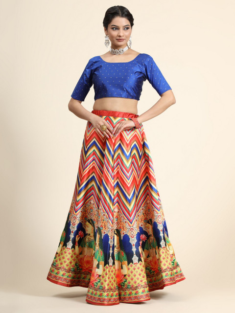 Kaizen TEXO FAB Blue & Red Printed Batik Semi-Stitched Lehenga & Blouse With Dupatta - Image 6