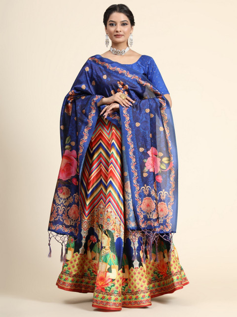 Kaizen TEXO FAB Blue & Red Printed Batik Semi-Stitched Lehenga & Blouse With Dupatta - Image 2