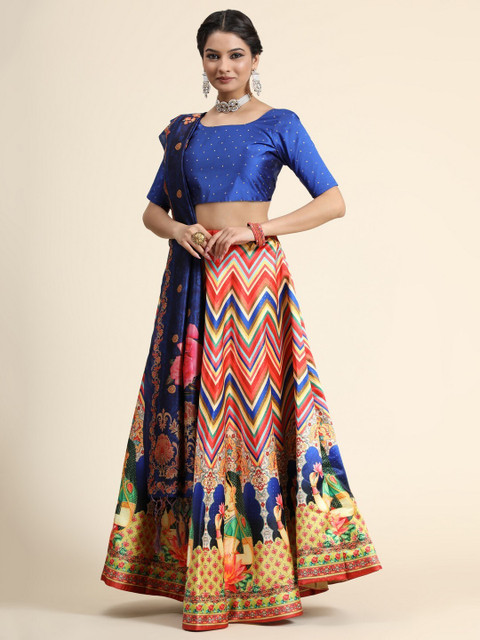 Kaizen TEXO FAB Blue & Red Printed Batik Semi-Stitched Lehenga & Blouse With Dupatta - Image 4