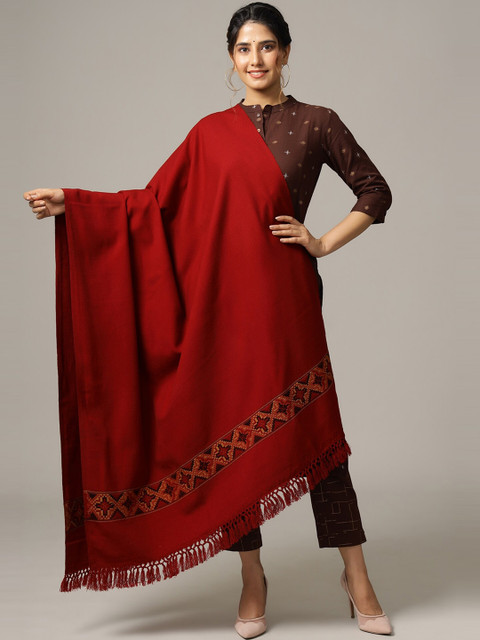 HANDICRAFT PALACE Women Red Solid Hand Woven Wool Shawl