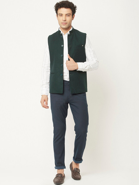 Crimsoune Club Men Green Solid Nehru Jacket - Image 7