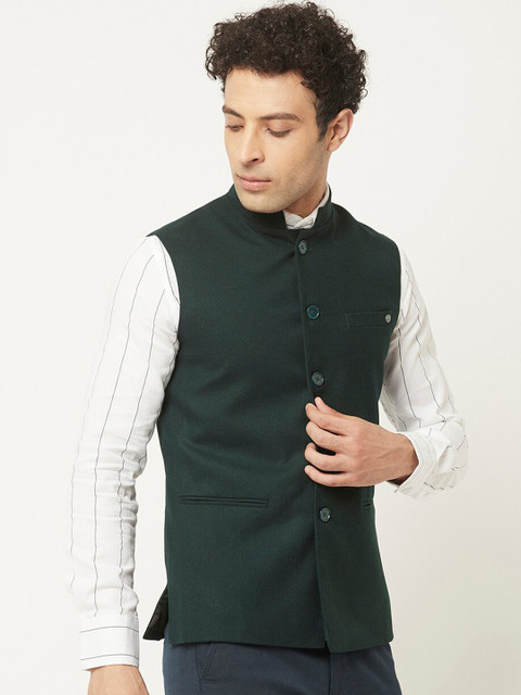 Crimsoune Club Men Green Solid Nehru Jacket - Image 3