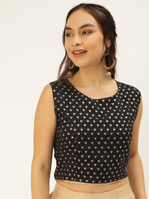 De Moza Black & Gold-Toned Printed Crop Top