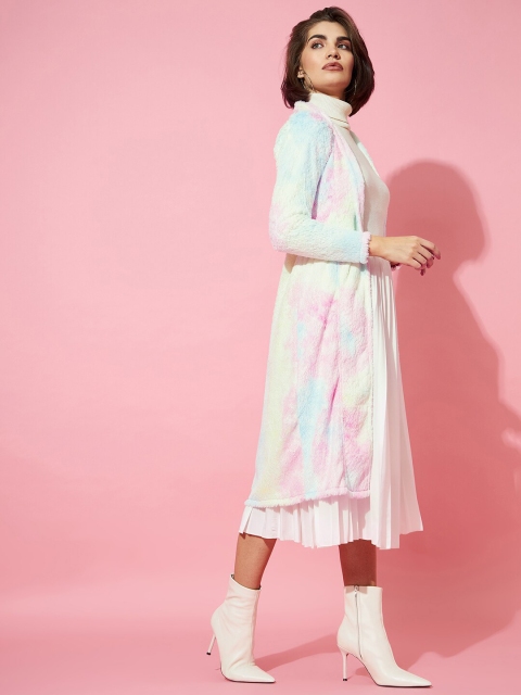 Athena Women Blue & Pink Tie And Dye Printed Wool Longline Open Front Shrug - Image 3
