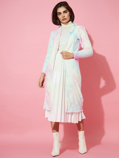 Athena Women Blue & Pink Tie And Dye Printed Wool Longline Open Front Shrug