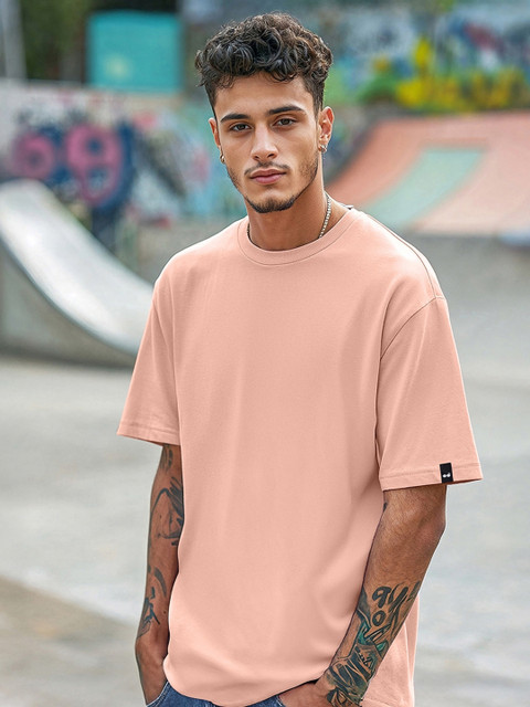 Bewakoof Men Coral Solid Round Neck Oversized Cotton T-shirt