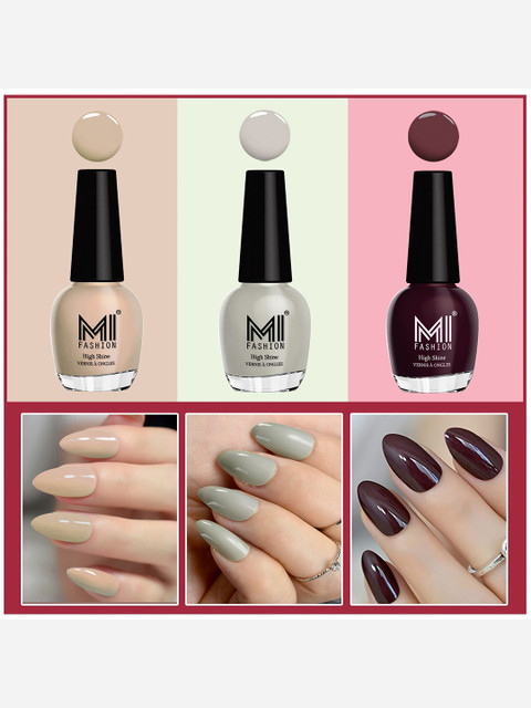 MI FASHION Set Of 3 Vernis A Ongles Ultra High Glass HD 3D Shine Nail Polish - Wine Maroon, Skin Nude, Light Nude