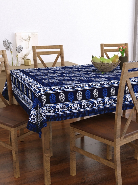 BLOCKS OF INDIA Blue Elephant Printed Pure Cotton 6-Seater Table Cloth - Image 3