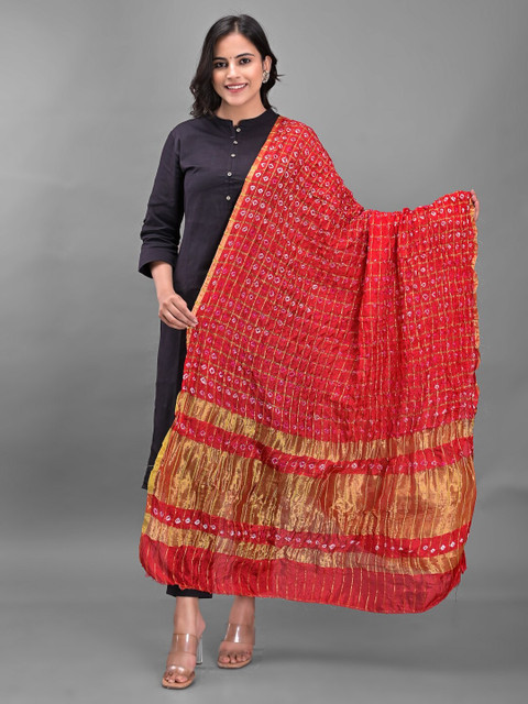 Apratim Red & Gold-Toned Dyed Art Silk Bandhani Dupatta with Zari