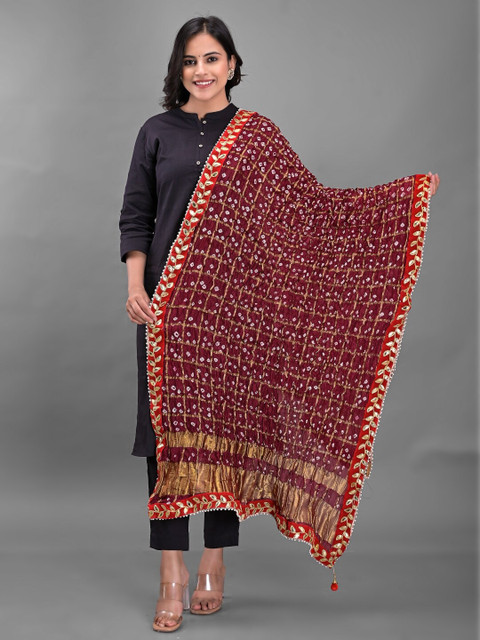 Apratim Maroon & Red Dyed Art Silk Bandhani Dupatta with Gotta Patti