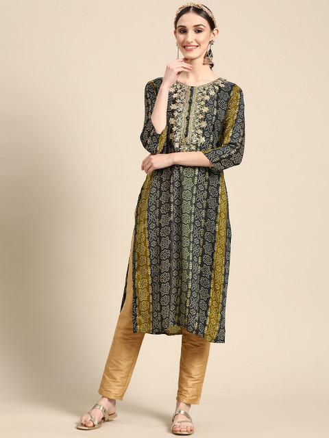 Sangria Women Blue Bandhani Embroidered Thread Work Kurta - Image 3