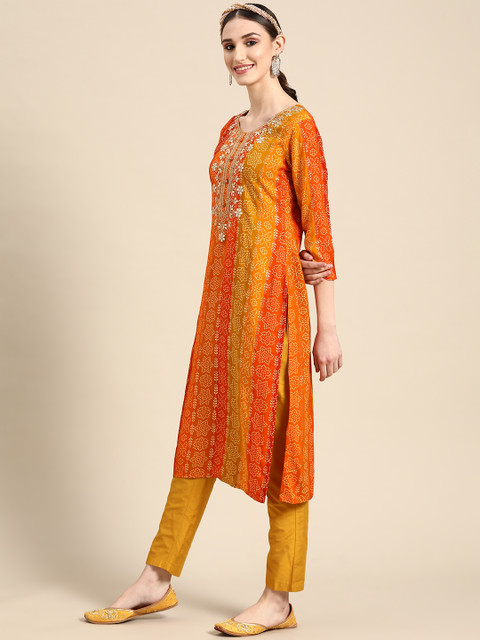 Sangria Women Yellow Bandhani Embroidered Thread Work Kurta - Image 4