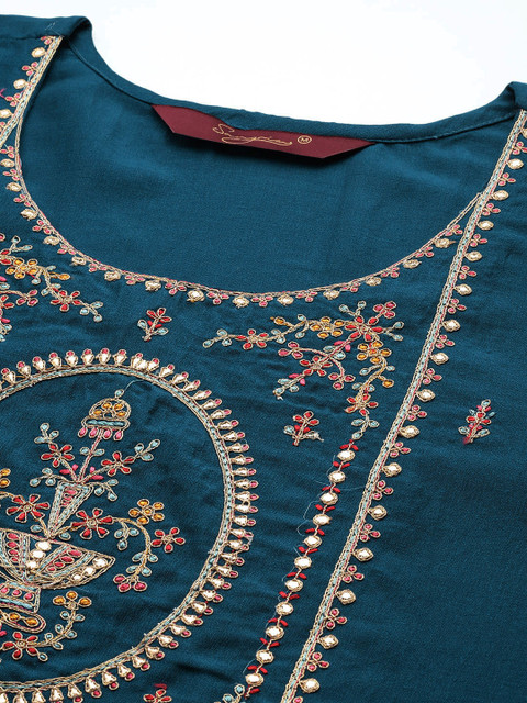 Sangria Women Teal Ethnic Motifs Embroidered Pure Cotton Kurta with Trousers & With Dupatta - Image 2