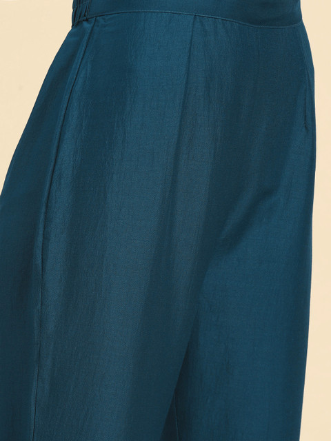 Sangria Women Teal Ethnic Motifs Embroidered Pure Cotton Kurta with Trousers & With Dupatta - Image 3