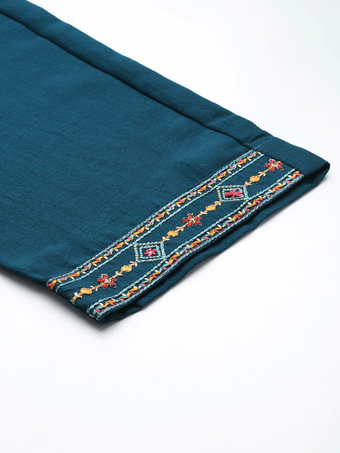 Sangria Women Teal Ethnic Motifs Embroidered Pure Cotton Kurta with Trousers & With Dupatta - Image 9