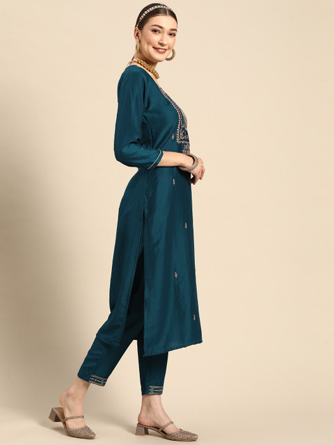 Sangria Women Teal Ethnic Motifs Embroidered Pure Cotton Kurta with Trousers & With Dupatta - Image 6