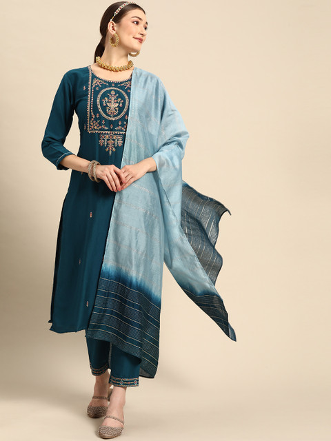 Sangria Women Teal Ethnic Motifs Embroidered Pure Cotton Kurta with Trousers & With Dupatta - Image 5