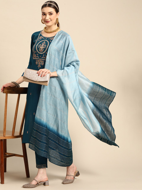 Sangria Women Teal Ethnic Motifs Embroidered Pure Cotton Kurta with Trousers & With Dupatta - Image 8