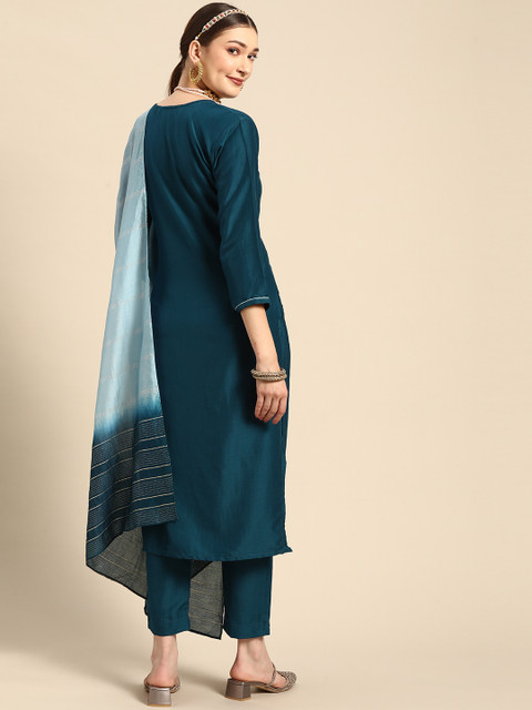 Sangria Women Teal Ethnic Motifs Embroidered Pure Cotton Kurta with Trousers & With Dupatta - Image 7
