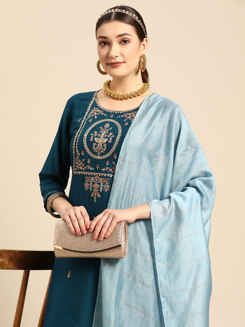 Sangria Women Teal Ethnic Motifs Embroidered Pure Cotton Kurta with Trousers & With Dupatta