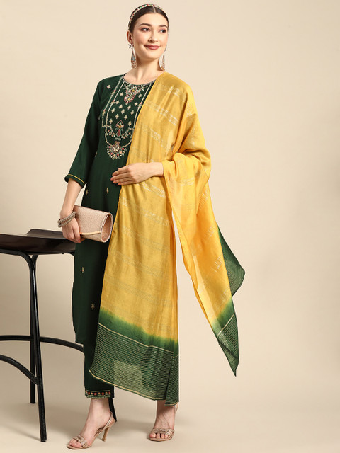 Sangria Women Green Ethnic Motifs Embroidered Pure Cotton Kurta with Trousers & With Dupatta - Image 8