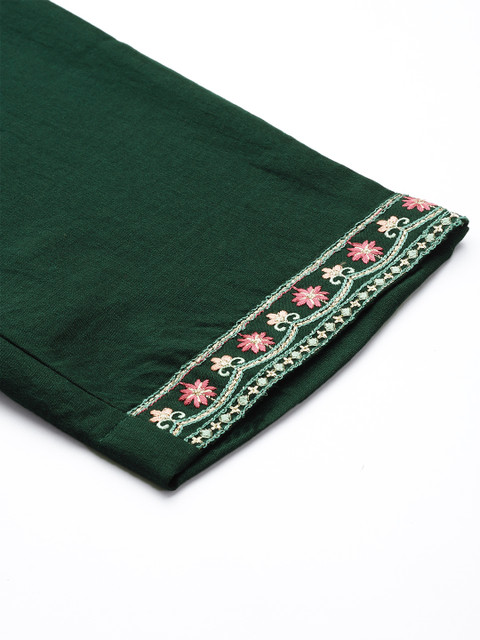 Sangria Women Green Ethnic Motifs Embroidered Pure Cotton Kurta with Trousers & With Dupatta - Image 9