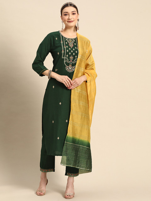 Sangria Women Green Ethnic Motifs Embroidered Pure Cotton Kurta with Trousers & With Dupatta - Image 5