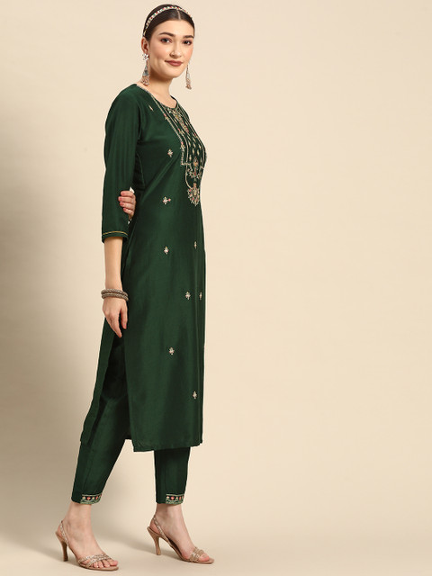 Sangria Women Green Ethnic Motifs Embroidered Pure Cotton Kurta with Trousers & With Dupatta - Image 6