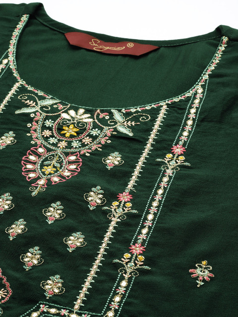 Sangria Women Green Ethnic Motifs Embroidered Pure Cotton Kurta with Trousers & With Dupatta - Image 2
