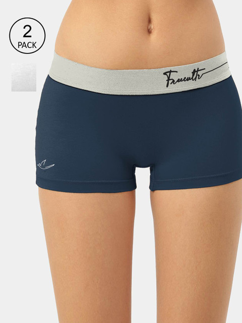 FREECULTR Women Pack Of 2 Blue & White Solid Micromodel Boy Short Briefs