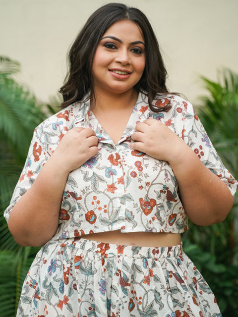 NANGALIA RUCHIRA Women Plus Size White & Grey Printed Pure Cotton Co-Ords Set - Image 2