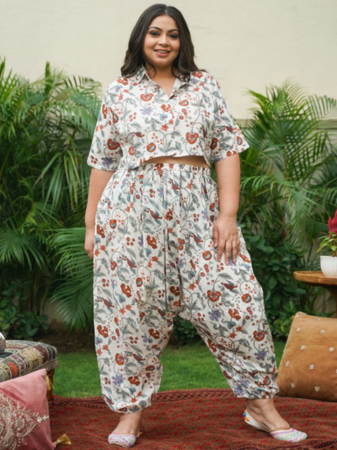 NANGALIA RUCHIRA Women Plus Size White & Grey Printed Pure Cotton Co-Ords Set