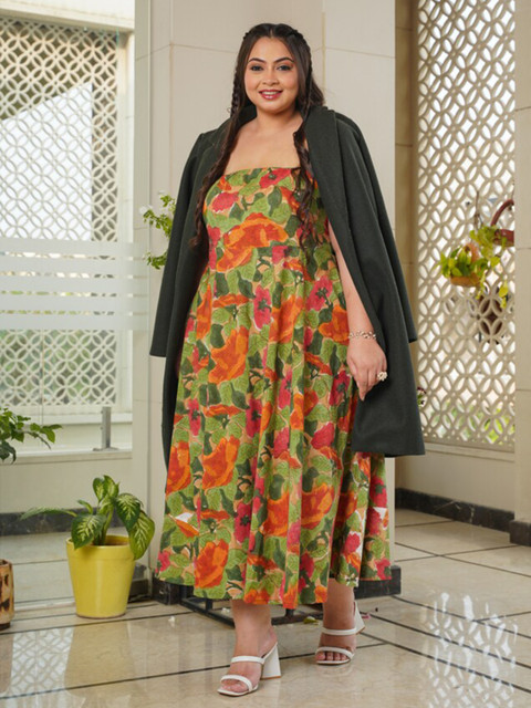 NANGALIA RUCHIRA Plus Size Green & Orange Floral Printed Cotton Dress - Image 4