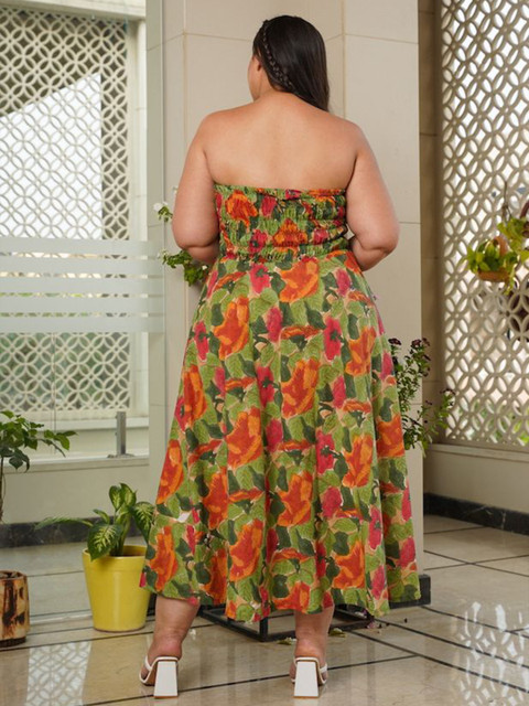 NANGALIA RUCHIRA Plus Size Green & Orange Floral Printed Cotton Dress - Image 3