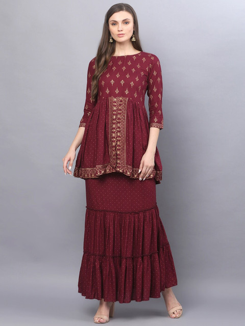 God Bless Women Maroon Ethnic Motifs Printed Co-Ords Set