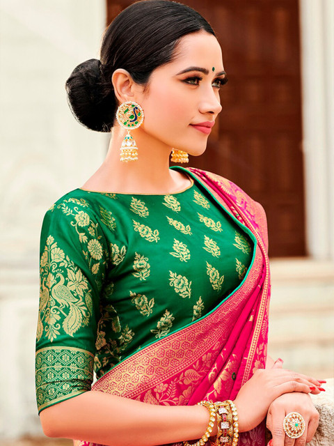 MONJOLIKA FASHION Magenta & Green Ethnic Motifs Zari Silk Blend Banarasi Saree - Image 2
