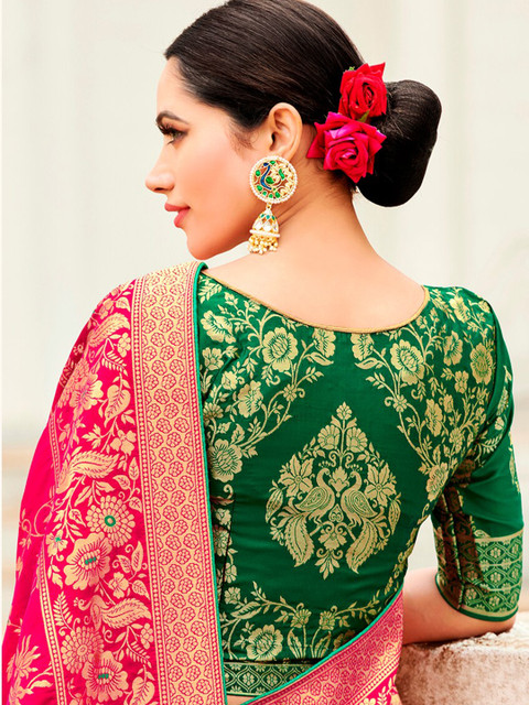MONJOLIKA FASHION Magenta & Green Ethnic Motifs Zari Silk Blend Banarasi Saree - Image 3