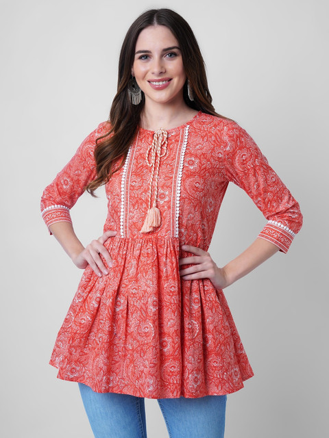 God Bless Orange & White Print Tie-Up Neck Longline Top