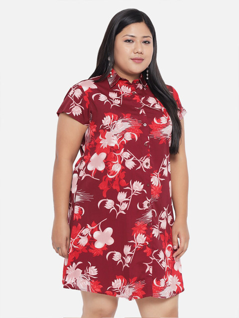 Indietoga Plus Size Maroon Floral Crepe A-Line Dress - Image 3