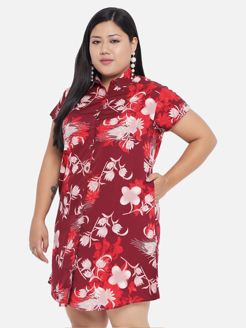 Indietoga Plus Size Maroon Floral Crepe A-Line Dress - Image 4