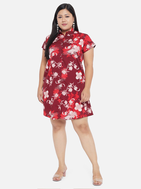 Indietoga Plus Size Maroon Floral Crepe A-Line Dress - Image 7