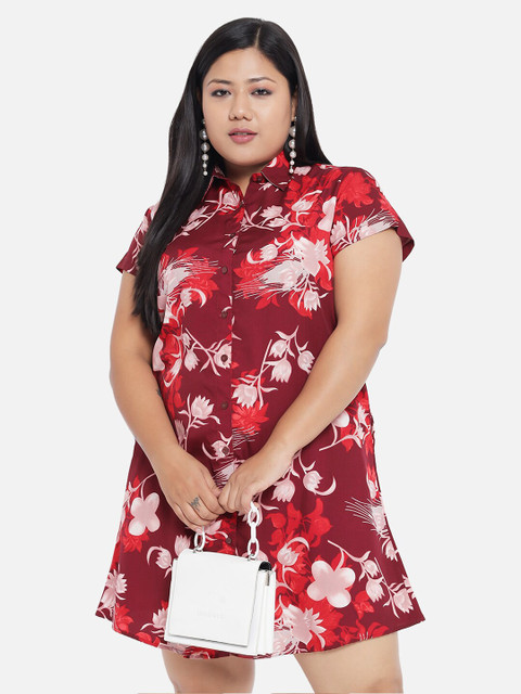 Indietoga Plus Size Maroon Floral Crepe A-Line Dress - Image 6