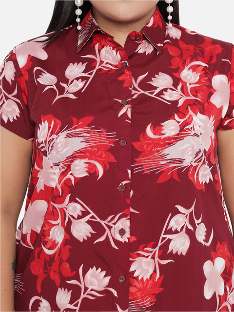 Indietoga Plus Size Maroon Floral Crepe A-Line Dress - Image 2