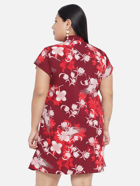 Indietoga Plus Size Maroon Floral Crepe A-Line Dress - Image 5