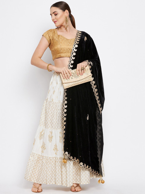 Clora Creation Black & Gold-Toned Ethnic Motifs Embroidered Velvet Dupatta with Gotta Patti - Image 5