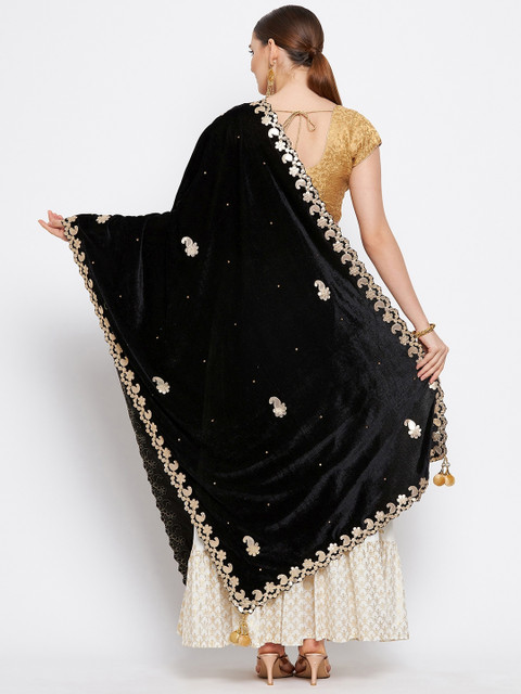 Clora Creation Black & Gold-Toned Ethnic Motifs Embroidered Velvet Dupatta with Gotta Patti - Image 4