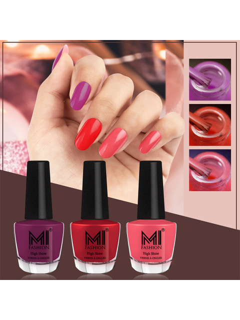 MI FASHION Vernis A Ongles Bang On Shine Pack Of 3 Nail Polish 12ml each - Dark Purple 33, Reddish Maroon 42, Peach Crush 49
