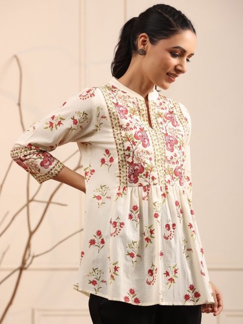 Rain & Rainbow Floral Printed Mandarin Collar Pure Cotton A-Line kurti - Image 2