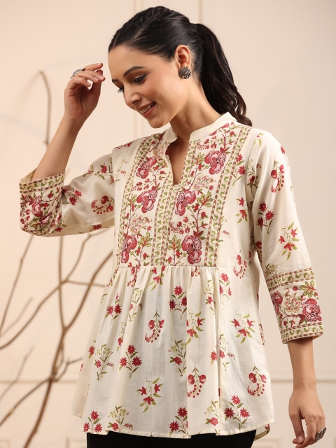 Rain & Rainbow Floral Printed Mandarin Collar Pure Cotton A-Line kurti - Image 3