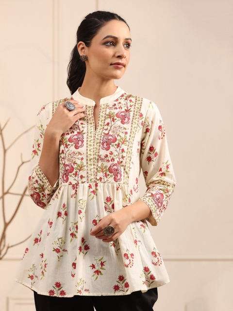 Rain & Rainbow Floral Printed Mandarin Collar Pure Cotton A-Line kurti - Image 6